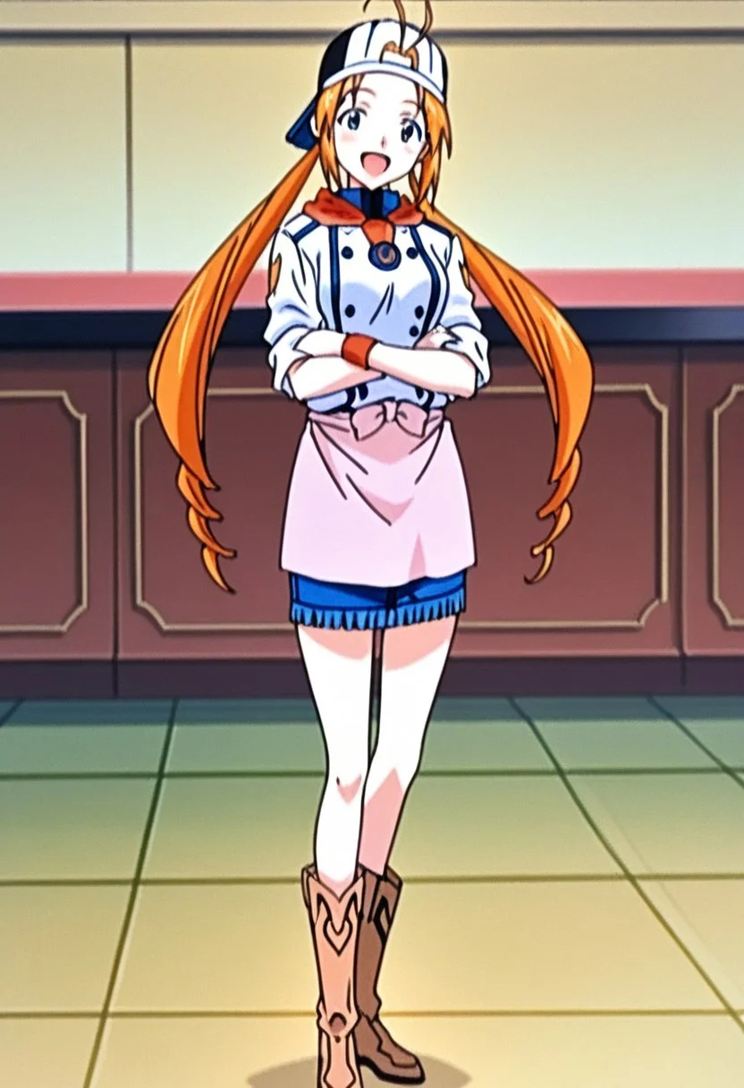 best quality, masterpiece, anime screencap, anime coloring, ultra detailed, source_anime, intricate details, perfect anatomy, looking at viewer, from front,
monica, 1girl, solo, long hair, ahoge, antenna hair, orange hair, drill hair, twintails, forehead,
chef, apron, confetti, wristband, skirt, waist apron, denim skirt, miniskirt, pencil skirt, sleeves rolled up, baseball cap, tiles, buttons, uniform, scarf tie, backwards hat, boots, crossed arms,
smile, happy, open mouth,