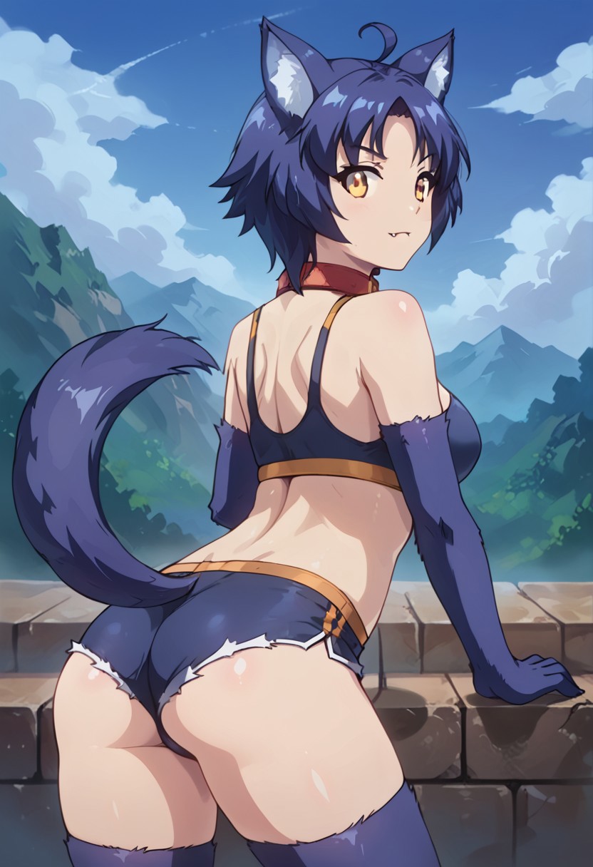 SCORE_9, SCORE_8_UP, REALISTIC, BREAK, SOLO, JINMENKEN, INDIGO HAIR, GOLDEN EYES, AHOGE, FANG, NUDE, FURRY ARMS, FURRY LEGS, ANIMAL EARS, HUGE TITS, BODY FUR, COLLAR, TAIL, MINI SHORTS, SPORTS BRA, CLEAVAGE, FROM BEHIND, LOOKING BACK, WONDER, BREAK, SUNNY DAY, BLUE SKY, MOUNTAIN TOP, HIGH RESOLUTION, VIVID TEXURES