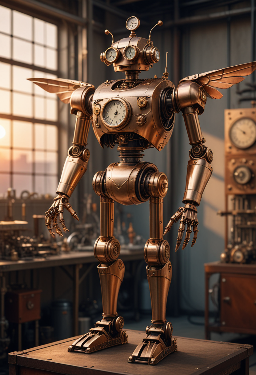 (medium full shot) of brass-bound steampunk robot, steel body, with mechanical wings, mechanical monocle, copper legs, pressure meter, set in  a minimalist factory, with clean lines, organized machinery, simple yet elegant workstations, and tasteful mechanical decorations, during sunset, Masterpiece,best quality, photo, realistic, very aesthetic