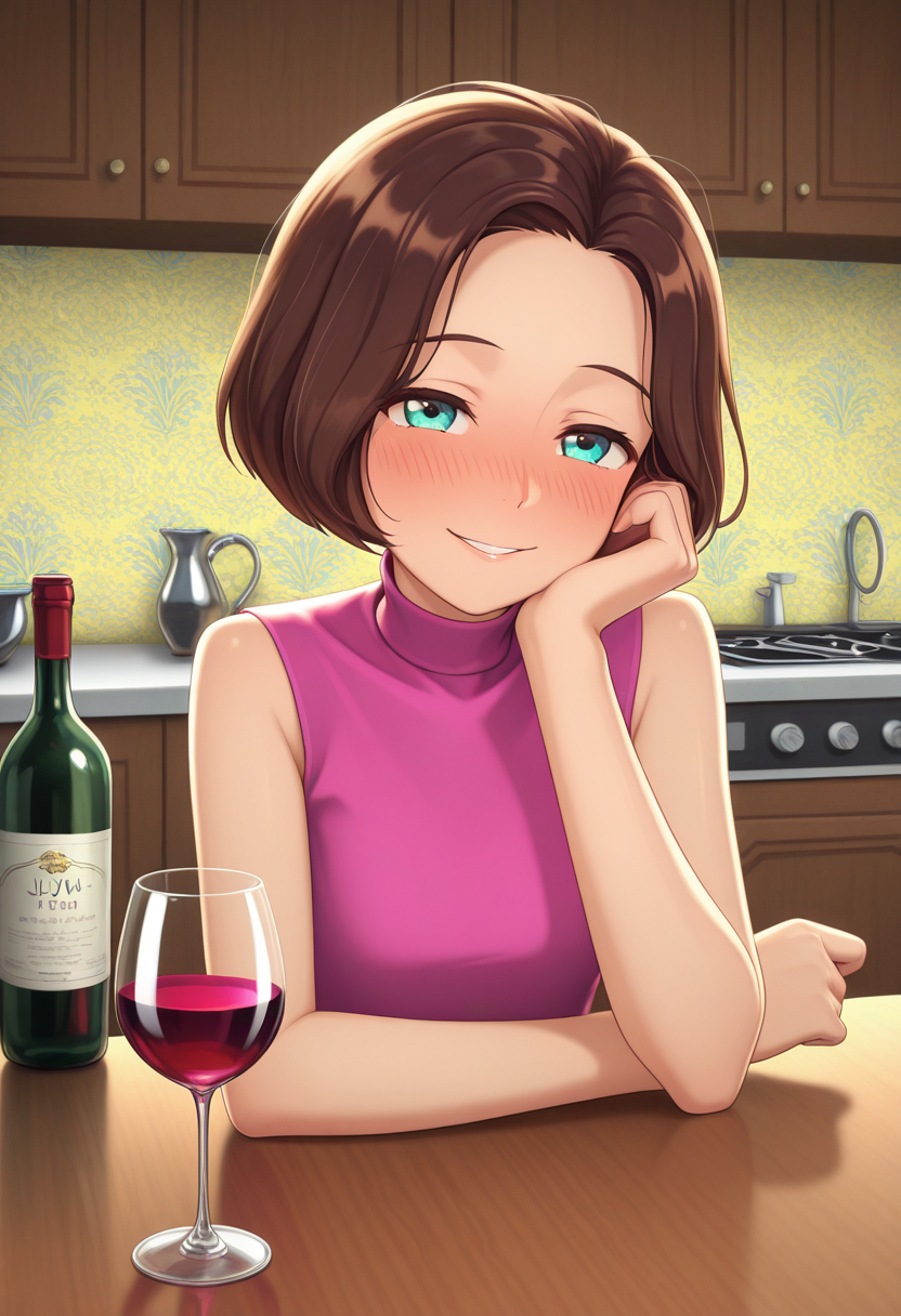 Graphic Design, color art, vibrant colors, colorful, intricate details, high contrast, detailed background, beautiful detailed, beautiful face, detailed eyes, detailed face, new, 1girl, solo, lyub0v, short hair, brown hair, aqua eyes, pink sleeveless turtleneck, sitting, table, kitchen, looking at viewer, smile, drunk, upper body, wine bottle, holding wine glass, head resting on arm, parted lips,, (masterpiece, best quality, newest, recent, absurdres),
