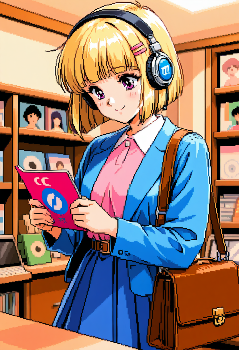 <lora:tomoyo3:0.8>t0m0y0,short hair,blunt bangs,blonde hair,pink shirt,collared shirt,belt,blue skirt,blue jacket,smile,looking down,holding album cover,pose,indoors,headphones,music shop,shoulder bag,album cover,cd case,retro artstyle,pixel art, very awa, masterpiece, best quality, amazing quality, very aesthetic, absurdres, sensitive, newest <lora:spo_sdxl_10ep_4k-data_lora_webui:0.7>,