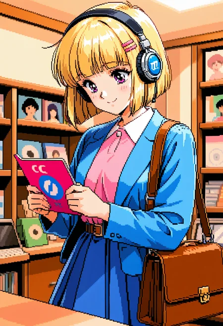<lora:tomoyo3:0.8>t0m0y0,short hair,blunt bangs,blonde hair,pink shirt,collared shirt,belt,blue skirt,blue jacket,smile,looking down,holding album cover,pose,indoors,headphones,music shop,shoulder bag,album cover,cd case,retro artstyle,pixel art, very awa, masterpiece, best quality, amazing quality, very aesthetic, absurdres, sensitive, newest <lora:spo_sdxl_10ep_4k-data_lora_webui:0.7>,