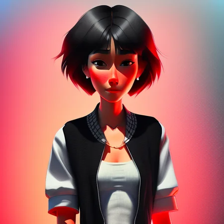 fisheye lens full body portrait of a nimble, slim, Sorry musician woman, Intricately designed, :|, with short black hair wearing cardigan vest , digital art, trending on artstation, highly detailed, fine detail, intricate, outrun, vaporware