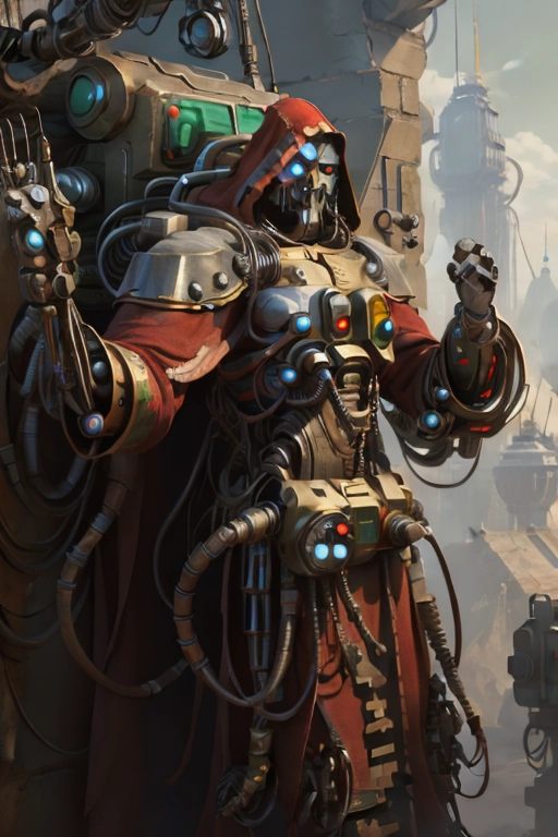 ((masterpiece,best quality)), absurdres, mechanical arms, robes, hood, (techpriest), cyborg, mechanical face, (cncgdiai)