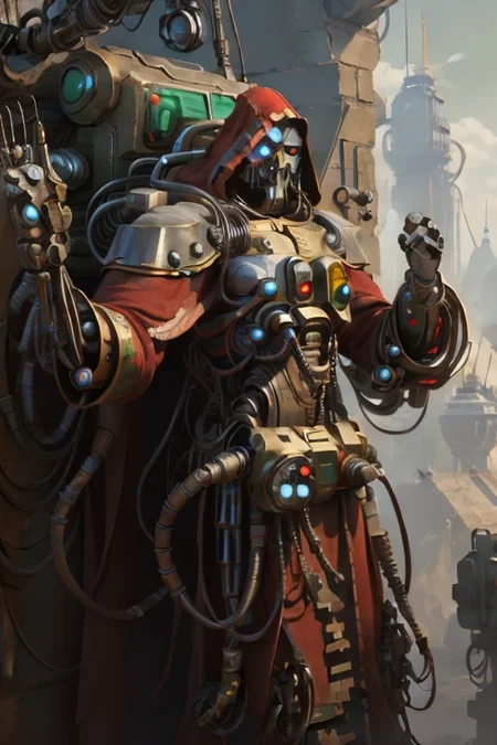 ((masterpiece,best quality)), absurdres, mechanical arms, robes, hood, (techpriest), cyborg, mechanical face, (cncgdiai)