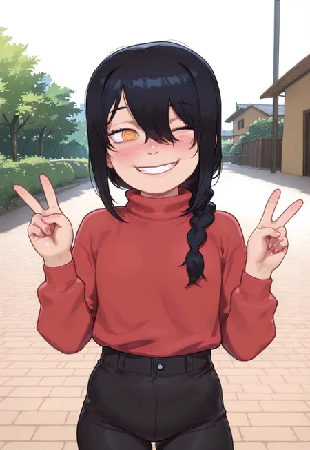 safe_pos, official art, masterpiece, best quality, absurdres, amazing quality, 4s0r4, smooth style, andilf ,HD, 4K, possmach, 1girl, solo, flat chests, young, younger, petite, nayuta \(chainsaw man\), black hair, single braid, medium hair, hair over one eye, ringed eyes, yellow eyes, red sweater, turtleneck, long sleeves, black pants, V, wide smile, teeth, teeth smile, blush, aroused, one eye closed, upper_body, cowboy_shot, outdoors
