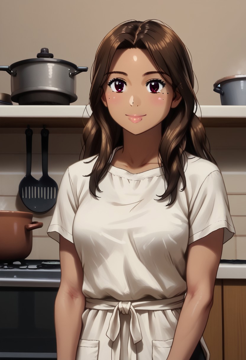 1girl, Clementine Morena, solo, hispanic, tan skin, brown eyes, athletic physique, brown hair, long hair, shiny hair, mole on left cheek, white t-shirt, black athletic shorts, white apron, stained apron,
Content smile, mortar & pestle, 
variety, close up, face focus, detailed face,
((Indoors, old kitchen, pot, mason jars)), clean lines, smooth colors, sfw, source: semi-realistic, rating: pg, score: 8 up, score: 9