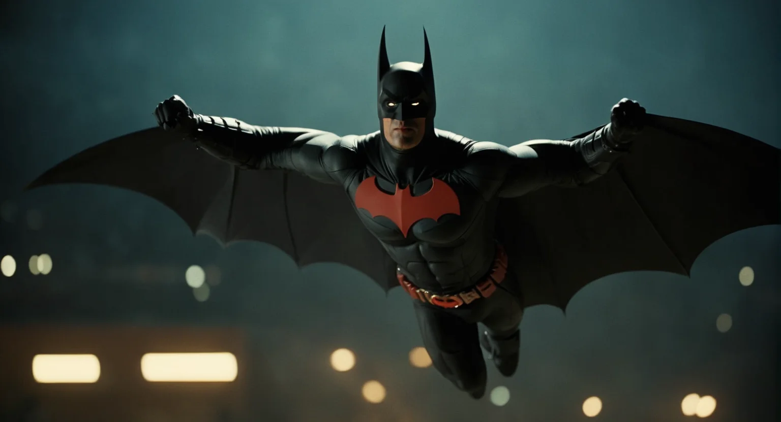 cinematic film still of Cinematic Film stock footage in (arri alexa style) Kodak film print, <lora:Batman Beyond:1> Batman Beyond a batman flying through the air with a bat wing, shallow depth of field, vignette, highly detailed, high budget, bokeh, cinemascope, moody, epic, gorgeous, film grain, grainy
