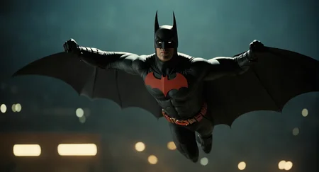cinematic film still of Cinematic Film stock footage in (arri alexa style) Kodak film print, <lora:Batman Beyond:1> Batman Beyond a batman flying through the air with a bat wing, shallow depth of field, vignette, highly detailed, high budget, bokeh, cinemascope, moody, epic, gorgeous, film grain, grainy