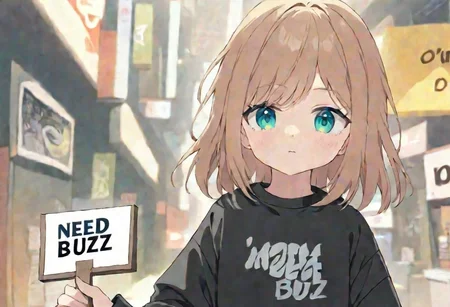 girl, sign in hand that says "need buzz 4 model"