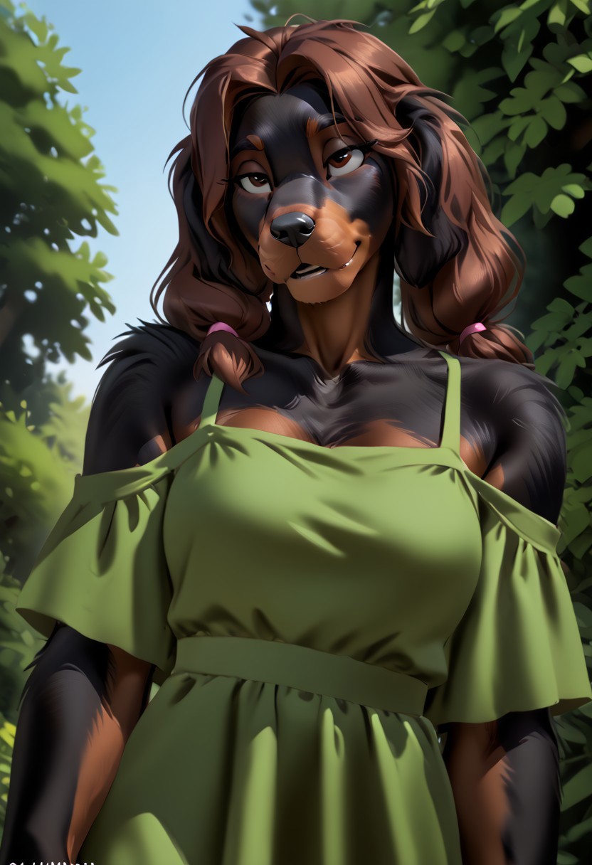 score_9, score_8_up, score_7_up, (by zummeng:1.5), (by jailbird:1.5), (by kittydee:1.5), masterpiece, best quality, (solo),  
(Furry Art : Anthro: Gordon Setter:1.5), 1girl, expressive eyes, feminine eyes, perfect face, feminine face, (brown hair:1.5), (pigtail hair:1.5), feminine body, medium breasts, setter dog, dog, canine, floppy dog ears, medium long fur,  two-toned fur,  black fur, brown fur, (spring dress:1.5), (brown eyes),