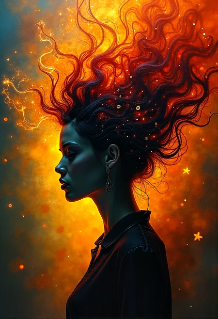 Masterpiece, 8k, HDR, best quality, photography, analog film, real life, extremely beautiful, highly detailed, intricately detailed, ray tracing, dramatic. portrait Silhouette Art, breathtaking ( absurdres divine aesthetic FaeTastic extravaganza alcohol ink sketch). amazing, fine, detailed, masterpiece, lovely, charming, awe-inspiring, radiant, magnificent. (all dark hues and fine vibrant orange glowing smoldering accent and shiny gold color scheme:1.02). glossy. art by ingrid baars