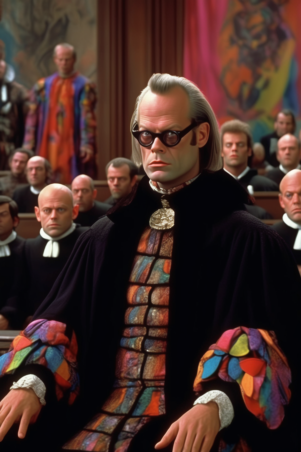 <lora:Terry Gilliam Style:1>Terry Gilliam Style - Terry Gilliam's film still captures a comical courtroom moment. The frame showcases a handsome Judge in a black Balenciaga Judge's robe, on the brink of delivering the final decision. The background is a riotous mix of colors and whimsical details, reflecting Gilliam's distinct visual style. The atmosphere brims with anticipation and an air of absurdity, perfectly setting the stage for the Judge's comedic actions. The scene's mood is light-hearted and playful, while the theme delves into the quirks and idiosyncrasies of the justice system.film still,Photorealistic