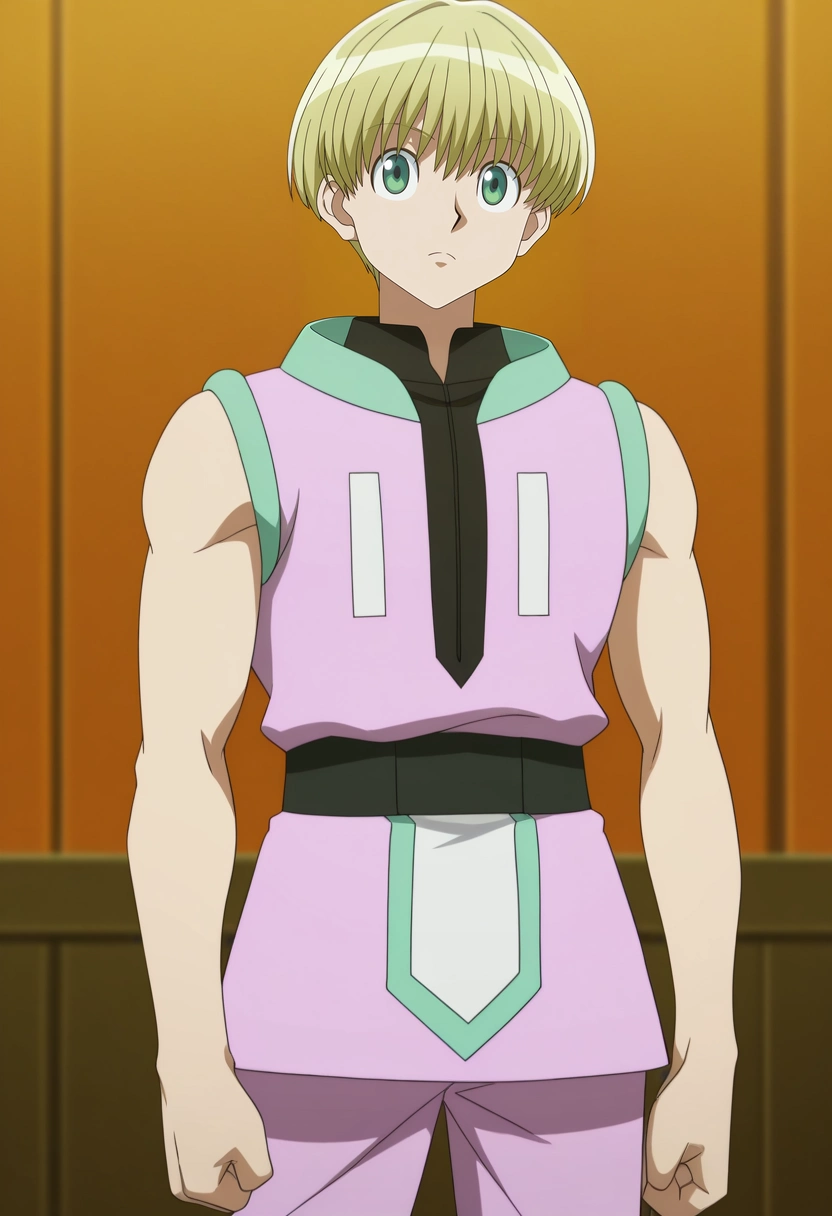 masterpiece, best quality, anime screencap, official style, anime coloring, cowboy shot, 1boy, solo, male focus, <lora:shalnark_ryuseih_ilxl:0.92>, shalnark_ryuseih, blonde hair, green eyes, short hair, bangs, , ,