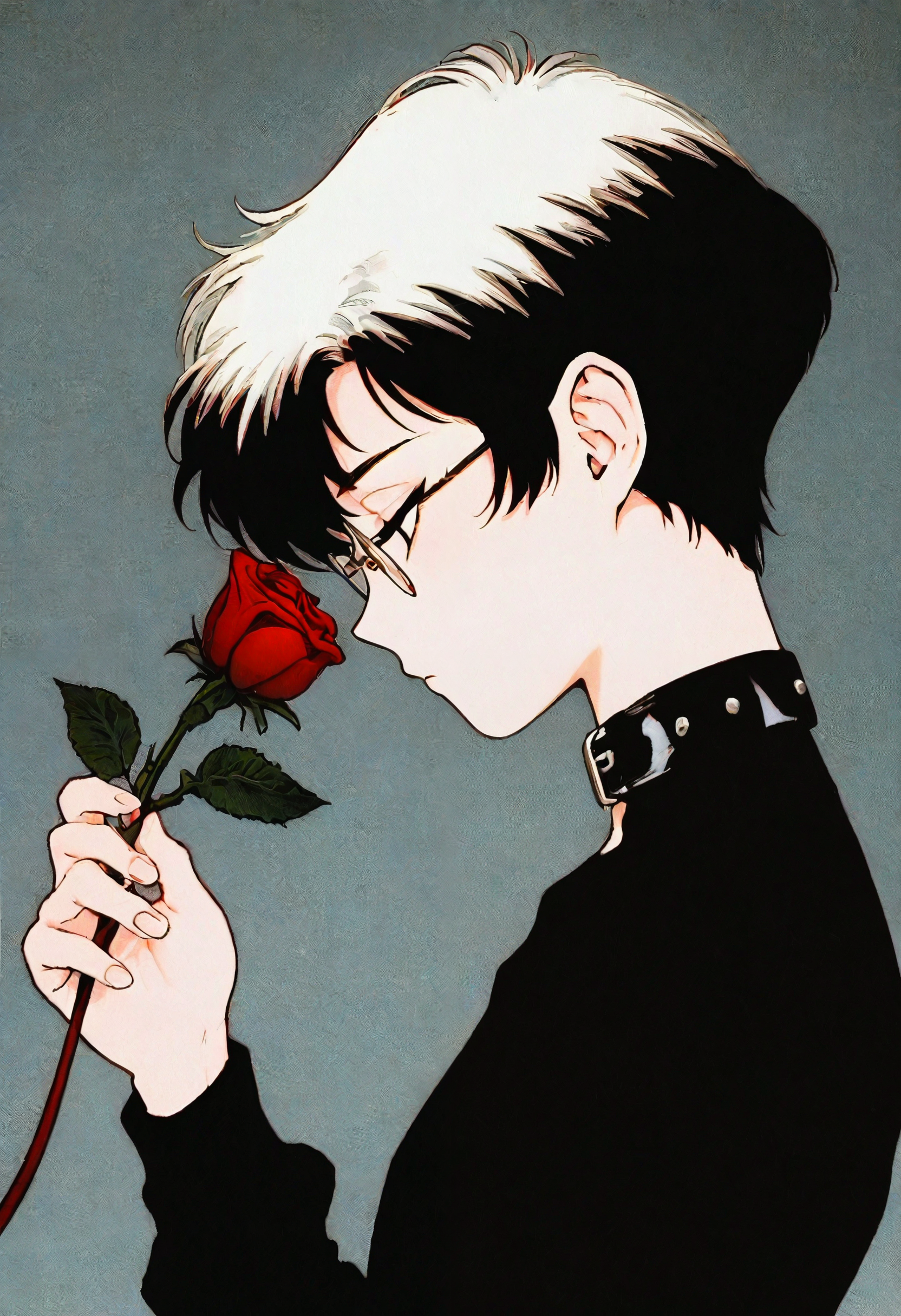 <lora:ZG9sb3JzaWxlbnRpdW0=-noobaiXL_eps_v110_V1-CAME-000035>, ZG9sb, retro artstyle, 1990s \(style\), flower, solo, rose, multicolored hair, red flower, red rose, holding flower, glasses, short hair, white hair, black shirt, 1girl, upper body, two-tone hair, black hair, profile, round eyewear, holding, collar, simple background, shirt, from side, long sleeves, choker, androgynous, leash, black eyes, expressionless, hand up, closed mouth, grey background, black choker, black background, looking down, black collar