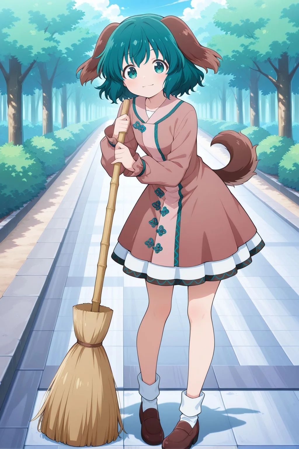 absurdres, highres, masterpiece, best quality, amazing quality, official anime artwork, screencap, anime screencap, outdoors, looking at viewer, light smile, dynamic pose,
<lora:Kyouko-Kasodani_Illustrious:1> kasodani kyouko, 1girl, solo, green eyes, green hair, medium hair, dog ears, dog tail,, brown dress, long sleeves, white socks, brown footwear, holding broom,