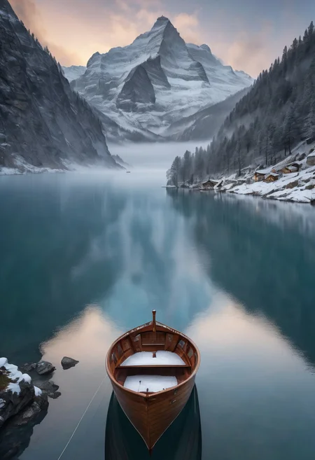 8k breathtaking view of a Boat on the waterside, Swiss alp, mountain lake, milky haze, morning lake mist, masterpiece, award-winning, professional, highly  undefined, snow, mist,  in the distance,