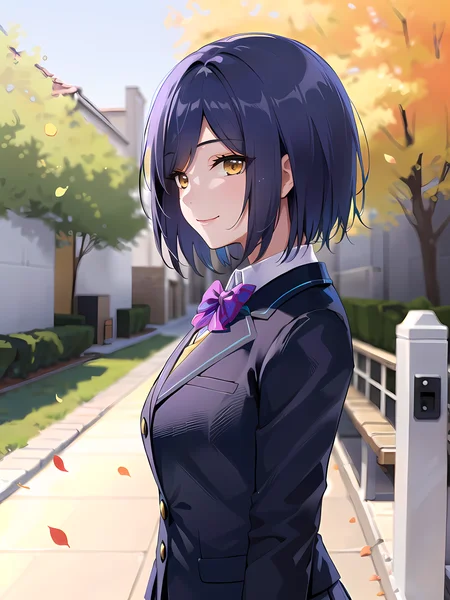 (masterpiece:1.3), (absurdres:1.3), (best quality:1.3), (8K), (large masterpiece digital art), (detailed manga illustration), (handled hair), pureerosface_v1, perfect anatomy, (sharp eyeliner, eyeshadow, detailed eyes:1.1), (intricate details:1.3), (ultra-detailed:1.3), (illustration:1.3), (sharp focus:1.3), (natural lighting:1.05), (vivid colors:1.3), BREAK <lora:shizukaRinNijisanji_v1:0.6>, shizurin, 1girl, shizuka rin, solo, smile, half-closed eyes, closed mouth, from below, from side, looking at viewer, upper body, pov, close-up, school uniform, yellow eyes, pleated skirt, purple bow, short hair, blazer, blue hair, purple pantyhose, long sleeves, mole under eye, bangs, bowtie, white shirt, black jacket, purple bowtie, collared shirt, black skirt, sweater, blue jacket, miniskirt, BREAK school, outdoors, classroom, gate, tree, falling leaves, bench,