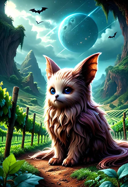 A picturesque vineyard under overcast weather, featuring a leucistic bat with a Wookiee hair style, giving everyone a suspicious look, captivating atmosphere, digital art, beautifully detailed, cinematic lighting, 4k resolution. 
sci-fi, alien-worlds, eeriness, futuristic, outer-space, science-fiction, alien-themed, extraterrestrial, cosmic, otherworldly, mysterious, 
concept-art, adventure, fantasy, whimsy, dreaminess, digital, illustration, magic, 
beautiful, painterly, textural, artistic, aesthetic, 
intricate details, highly detailed, ultra-detailed, absurdres, vivid, vibrant, volumetric lighting, 
made of w00kiee, aid291, midjourneyv6.1