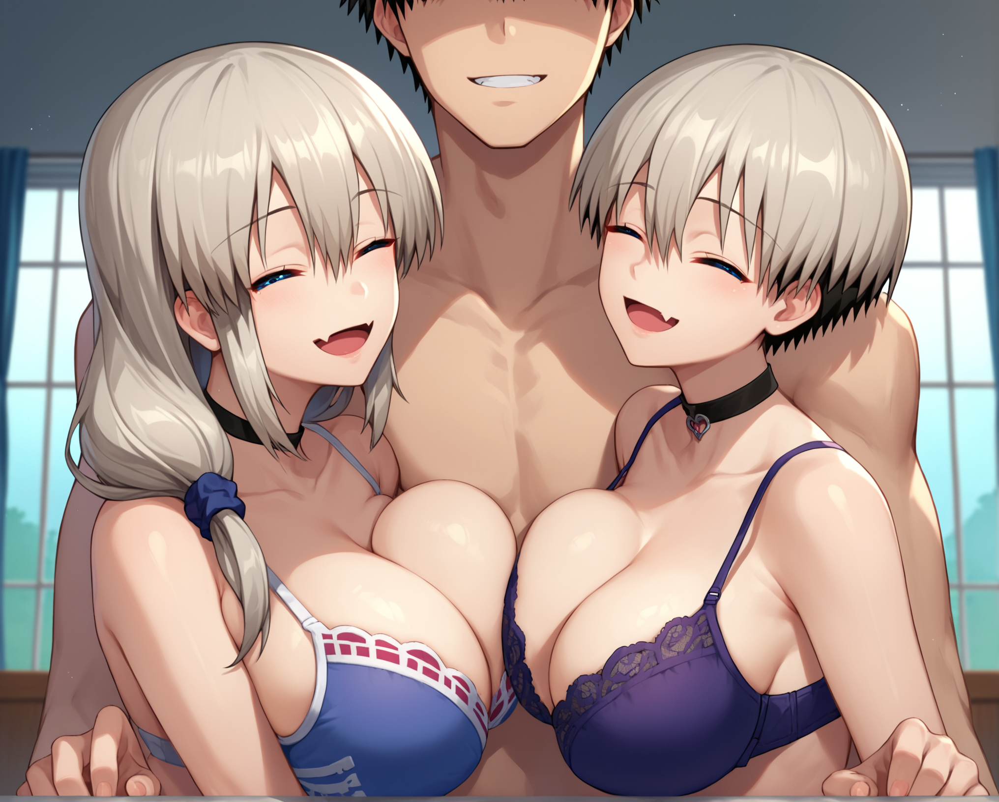 score_9, score_8_up, score_7_up, source_anime BREAK 2girls, 1boy, uzaki hana, uzaki tsuki, standing, upper body, smile, large breasts, perky breasts, cleavage, bra, lace, choker, <lora:Girl_Sandwich_2girls_1boy:0.7>, 2girls1boy, breast press, male face out of frame, faceless male, large male, looking at viewer, scrunchie, side locks, hair between eyes, long hair, short hair, two-tone hair, blue eyes, closed eyes, bare shoulders, rating_questionable