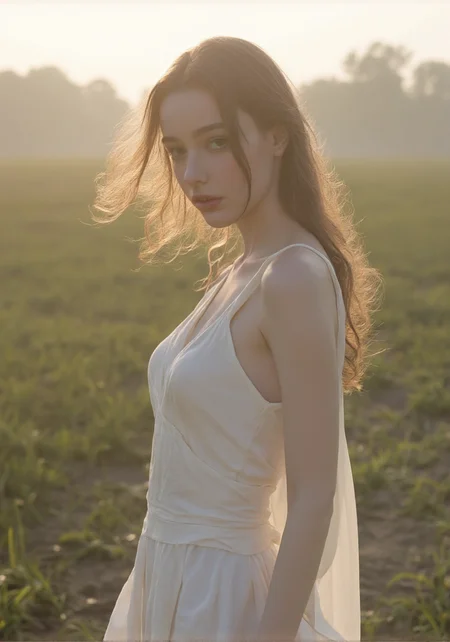 18yo 1girl her face is very delicate,skin naturally showing the texture of blood vessels and detailed pale skin,
<lora:Dasha_Taran_majicf1_rank2_bf16:1>,she is Dasha Taran,looking at viewer, A woman stands in a gentle morning mist on an empty field, wearing a flowing silk wrap dress in soft ivory, backlit by pale sunrise rays that create a glowing halo around her form â the fog softens the scene and focuses attention on her graceful silhouette.