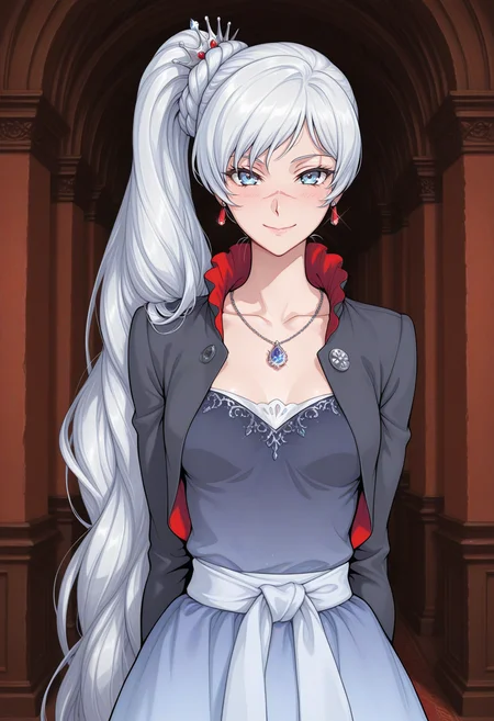 weiss schnee, 1girl, solo, long hair, looking at viewer, blush, smile, blue eyes, long sleeves, dress, closed mouth, jewelry, very long hair, medium breasts, jacket, collarbone, upper body, white hair, braid, earrings, small breasts, indoors, necklace, side ponytail, sash, scar, arms behind back, tiara, scar on face, cropped jacket, pendant, grey jacket, scar across eye, masterpiece, best quality, ultra-detailed, highest quality, official art, latest, very awa, very aesthetic, detailed shading, (detailed background, complex background), amazing quality, intricate, hyper-detailed, excellent, absurdres, latest,
