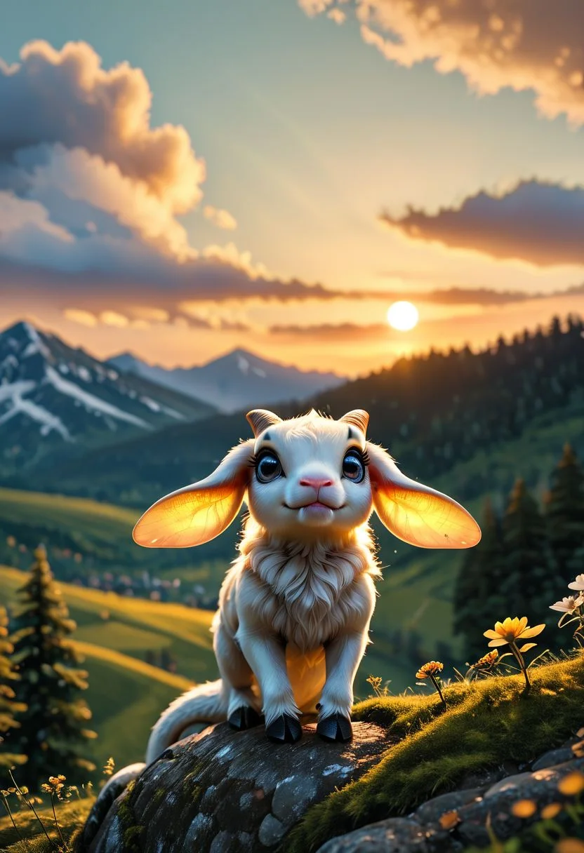 score_9, score_8_up, score_7_up, realistic, cute, fluffy, adorable, full body, black [goat|snake|snake], snake dark scales, translucent ear, beautiful glowing eyes, short hair, standing on a cliff, cloudy, sunrise, open field background, trees, snowy mountains, vivid colors, subsurface scattering, intricate, insane detailed, shallow depth of field, vignette, bokeh, moody, epic, gorgeous, cinematic, <lora:add-detail-xl:1>, <lora:MJ52:0.5>, <lora:xl_more_art-full_v1:0.5>, <lora:detailed_notrigger:1>, <lora:d3t41l3dXLP:0.5>, <lora:sss:1>