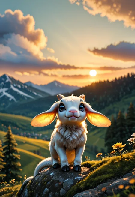 score_9, score_8_up, score_7_up, realistic, cute, fluffy, adorable, full body, black [goat|snake|snake], snake dark scales, translucent ear, beautiful glowing eyes, short hair, standing on a cliff, cloudy, sunrise, open field background, trees, snowy mountains, vivid colors, subsurface scattering, intricate, insane detailed, shallow depth of field, vignette, bokeh, moody, epic, gorgeous, cinematic, <lora:add-detail-xl:1>, <lora:MJ52:0.5>, <lora:xl_more_art-full_v1:0.5>, <lora:detailed_notrigger:1>, <lora:d3t41l3dXLP:0.5>, <lora:sss:1>