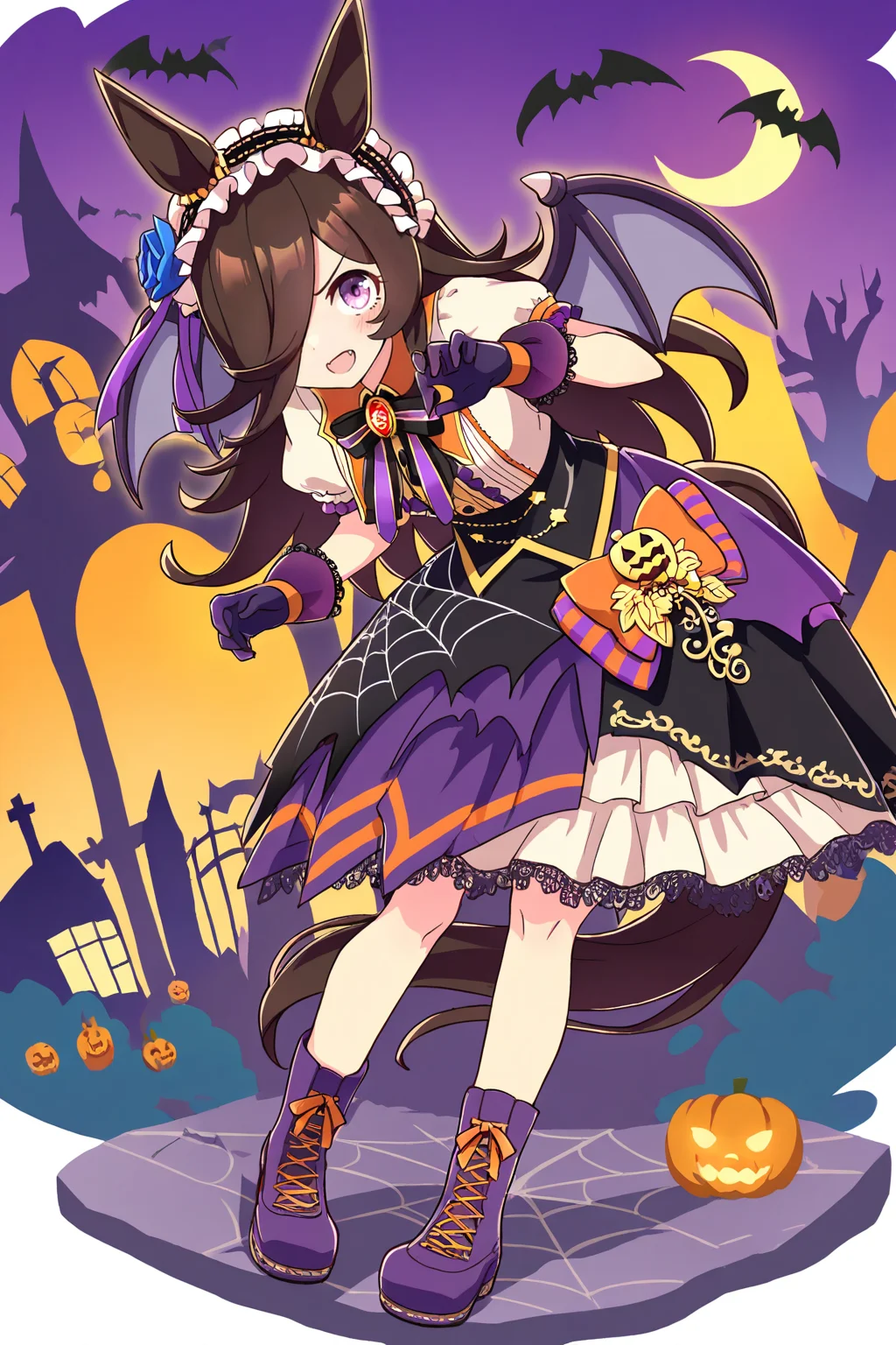 masterpiece,best quality,very aesthetic,absurdres,highres,newest,official art,official style,
1girl,solo,
rcs muv,rice shower (make up vampire!) (umamusume),rice shower (umamusume),
animal ears,bangs,bat wings,black bow,black bowtie,black skirt,
blue flower,blue rose,blush,boots,bow,bowtie,brooch,brown hair,
center frills,collared shirt,dress,eyebrows visible through hair,
flower,frilled hairband,frills,gloves,hair flower,hair ornament,hair over one eye,
hairband,halloween,high-waist skirt,horse ears,horse girl,horse tail,
jewelry,layered skirt,long hair,official alternate costume,orange bow,
puffy short sleeves,puffy sleeves,purple bow,purple eyes,purple footwear,purple gloves,
purple hairband,purple skirt,rose,shirt,short sleeves,skirt,spider web print,tail,violet eyes,white shirt,
standing,full body,
<lora:umamusume_rice_shower_ill_v1.0:1>,