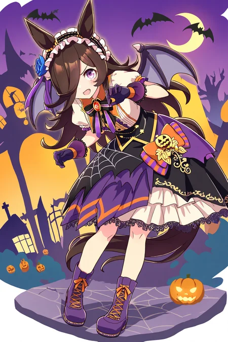 masterpiece,best quality,very aesthetic,absurdres,highres,newest,official art,official style,
1girl,solo,
rcs muv,rice shower (make up vampire!) (umamusume),rice shower (umamusume),
animal ears,bangs,bat wings,black bow,black bowtie,black skirt,
blue flower,blue rose,blush,boots,bow,bowtie,brooch,brown hair,
center frills,collared shirt,dress,eyebrows visible through hair,
flower,frilled hairband,frills,gloves,hair flower,hair ornament,hair over one eye,
hairband,halloween,high-waist skirt,horse ears,horse girl,horse tail,
jewelry,layered skirt,long hair,official alternate costume,orange bow,
puffy short sleeves,puffy sleeves,purple bow,purple eyes,purple footwear,purple gloves,
purple hairband,purple skirt,rose,shirt,short sleeves,skirt,spider web print,tail,violet eyes,white shirt,
standing,full body,
<lora:umamusume_rice_shower_ill_v1.0:1>,