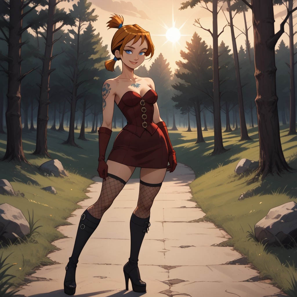 score_9, score_8, BREAK, solo, dark red corset, dark red elbow gloves, 1girl, orange hair, short ponytail, blue eyes, black high heels, black knee socks, fishnets, chest tattoo, breasts, total drama, Crimson_(\Total_Drama\), sexy pose, smile, outdoors, sunlight, shadows, evening lighting, natural lighting, forest, trees, grass, orange sky, sunset