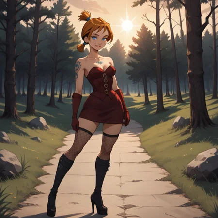 score_9, score_8, BREAK, solo, dark red corset, dark red elbow gloves, 1girl, orange hair, short ponytail, blue eyes, black high heels, black knee socks, fishnets, chest tattoo, breasts, total drama, Crimson_(\Total_Drama\), sexy pose, smile, outdoors, sunlight, shadows, evening lighting, natural lighting, forest, trees, grass, orange sky, sunset