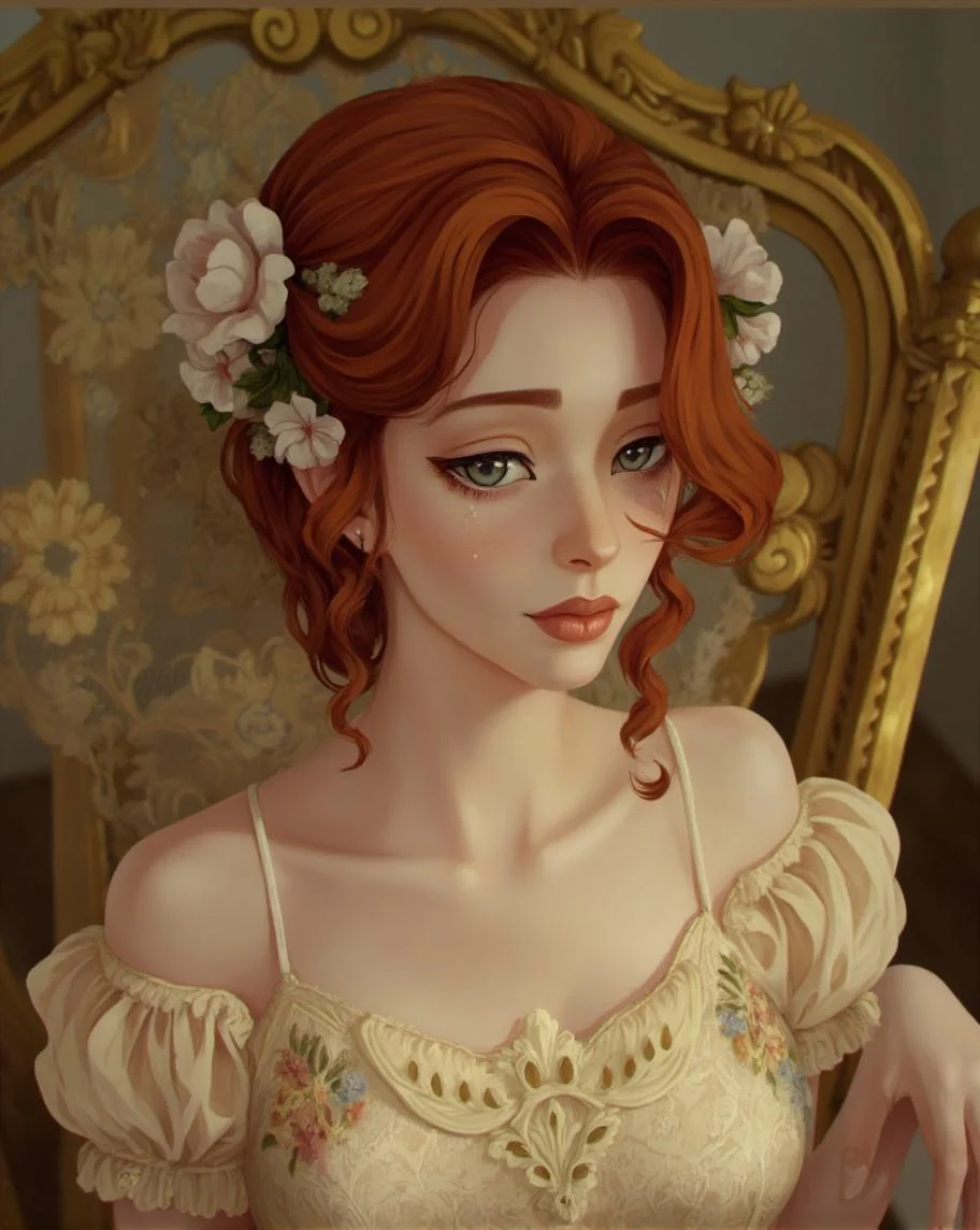 <lora:ck-LttleGhost-000011.safetensors:1> in the style of ck-lttlegh0stA pale-skinned woman with fiery red hair adorned with white flowers, wearing a delicate beige lace dress with floral embroidery. Her subtle makeup enhances her serene expression in front of an ornate gold chair with soft lighting. The atmosphere is romantic and ethereal, capturing a timeless and dreamy quality.