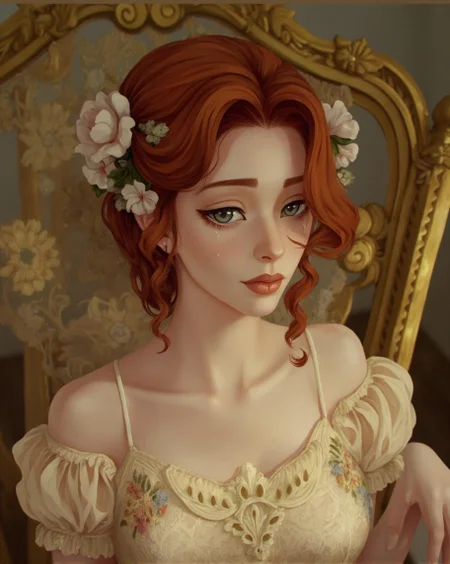 <lora:ck-LttleGhost-000011.safetensors:1> in the style of ck-lttlegh0stA pale-skinned woman with fiery red hair adorned with white flowers, wearing a delicate beige lace dress with floral embroidery. Her subtle makeup enhances her serene expression in front of an ornate gold chair with soft lighting. The atmosphere is romantic and ethereal, capturing a timeless and dreamy quality.