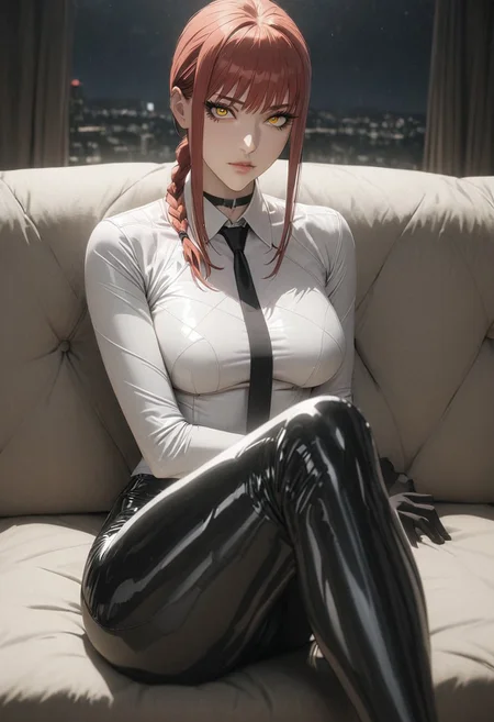 1woman, solo, long hair, black choker, Makima from chain-saw man, one eye covered by hair, eyeliner, gorgeous lips, tights, medium breasts
cinematic, (masterpiece), (best quality), (ultra-detailed), very aesthetic, illustration, detailed eyes, perfect eyes, detailed face, (beautiful detailed face, beautiful detailed eyes) ,extreme details eyes
indoors, sitting on couch, living room, night, closed mouth, long hair, white latex shirt, red ascot, grey latex pants, white knee latex boots, flat boots, black latex gloves, low ponytail, perfecteyes, makimacm44, ringed yellow eyes, red long hair, bangs, white shirt, sidelocks, black pants, braided ponytail, black necktie