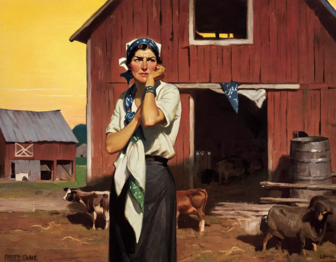 A Cornwall painting depicting a stout, rugged, mature woman, standing upright, looking with an expression of determination and wiping sweat from her brow with a bandana, at the end a long summer day, working on her family's farm,  in the background is a rustic barn with farm animals,  in Indiana in 1914, close up  <lora:DCornwall-000005:1>