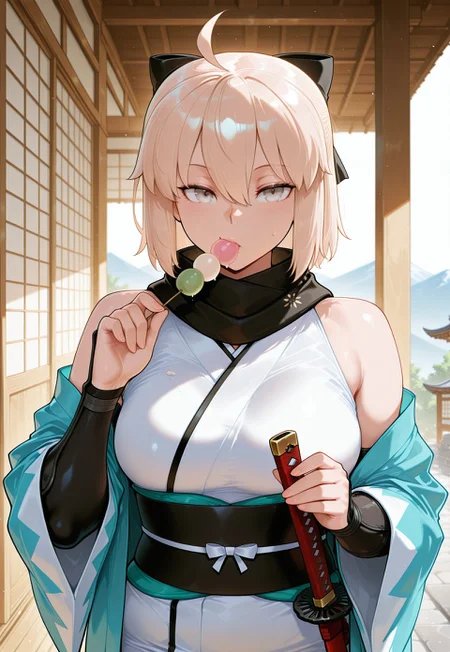 safe_pos, masterpiece, best quality, amazing quality, very aesthetic, light particles, scenery, ultra detailed, masterpiece \(quality\), BREAK, 1girl, solo, okita souji \(fate\), japanese clothes, food, scarf, dango, wagashi, kimono, black scarf, weapon, sash, sword, bow, haori, black bow, shinsengumi, white kimono, katana, looking at viewer, hair bow, obi, sleeveless kimono, ahoge, hair between eyes, sleeveless, blonde hair, grey eyes, arm guards, sanshoku dango, wide sleeves, eating, sketch, half updo, breasts, upper body, fate \(series\), ,masterpiece,best quality,amazing quality, very awa, perfect_anatomy, anatomically_correct_body, year2024, year2023, ultra high resolution, 4k, UHD, HD, (nyantcha:0.5), (detailed background),