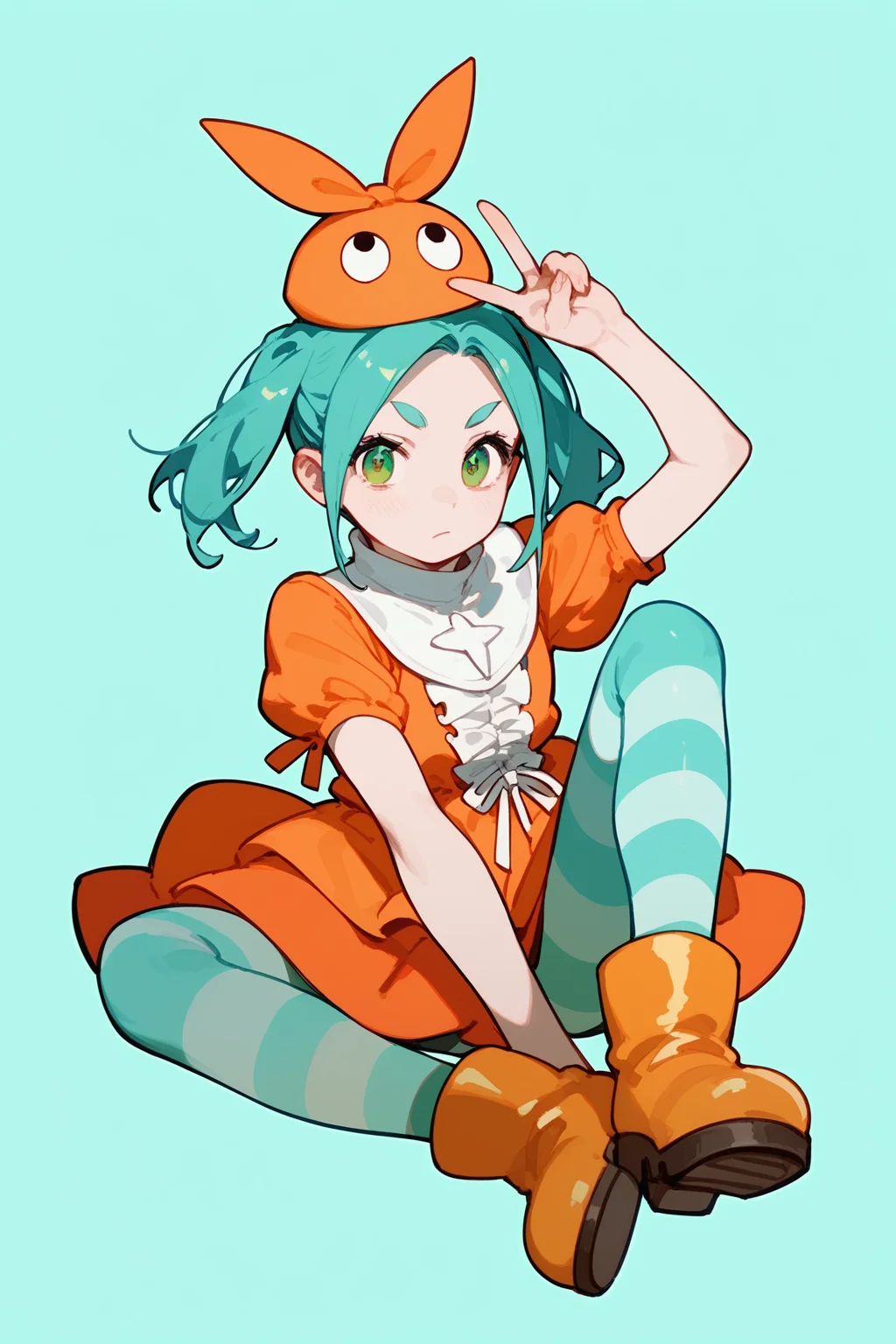 (score_9,score_8_up,score_7_up,),<lora:funaimu:1>,1girl,striped,striped pantyhose,green eyes,twintails,aqua hair,hat,short hair,rubber boots,simple background,v,orange dress,