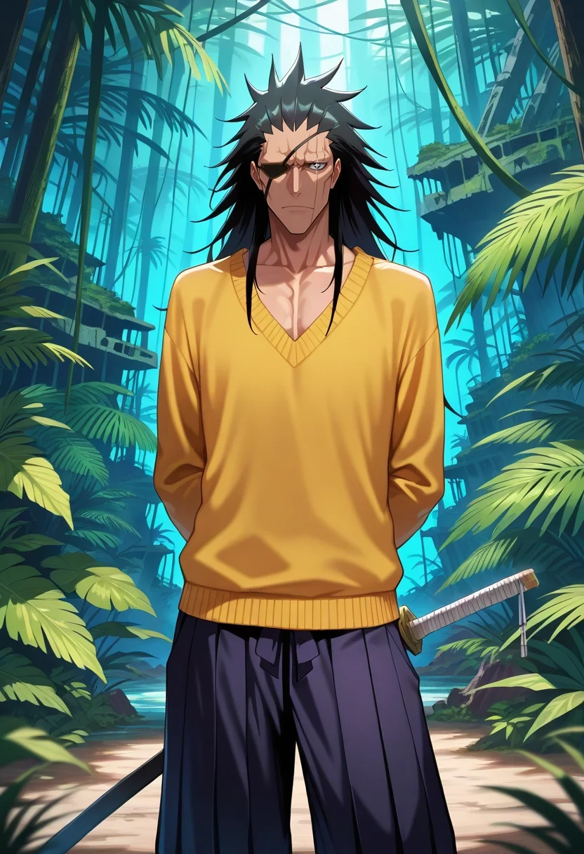 masterpiece, best quality, , , looking at viewer, , 1boy, solo, male focus, <lora:kenpachi_zaraki_ilxl:0.9>, kenpachi_zaraki, black hair, black eyes, long hair, , eyepatch, sword, asymmetrical, jungle, rainforest, ruins, midnight, arms behind back, sparkling eyes, Pleated corduroy pants, Cardigan sweater, , ,