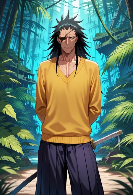 masterpiece, best quality, , , looking at viewer, , 1boy, solo, male focus, <lora:kenpachi_zaraki_ilxl:0.9>, kenpachi_zaraki, black hair, black eyes, long hair, , eyepatch, sword, asymmetrical, jungle, rainforest, ruins, midnight, arms behind back, sparkling eyes, Pleated corduroy pants, Cardigan sweater, , ,