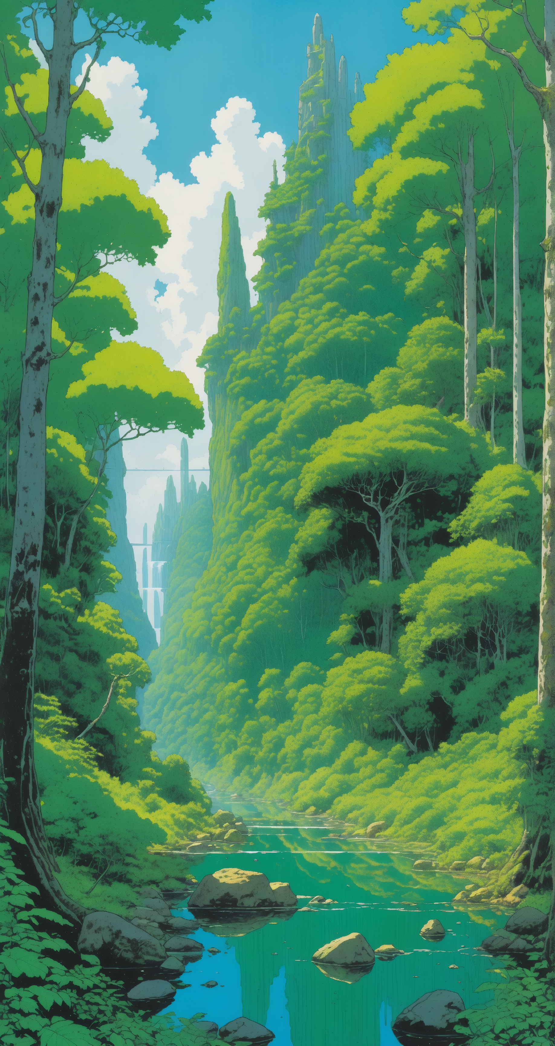 A lush forest with vibrant green foliage and a crystal-clear stream, untouched by civilization, green and silver, the verdant haven, in the style of Jean Giraud, in the style of Moebius.
