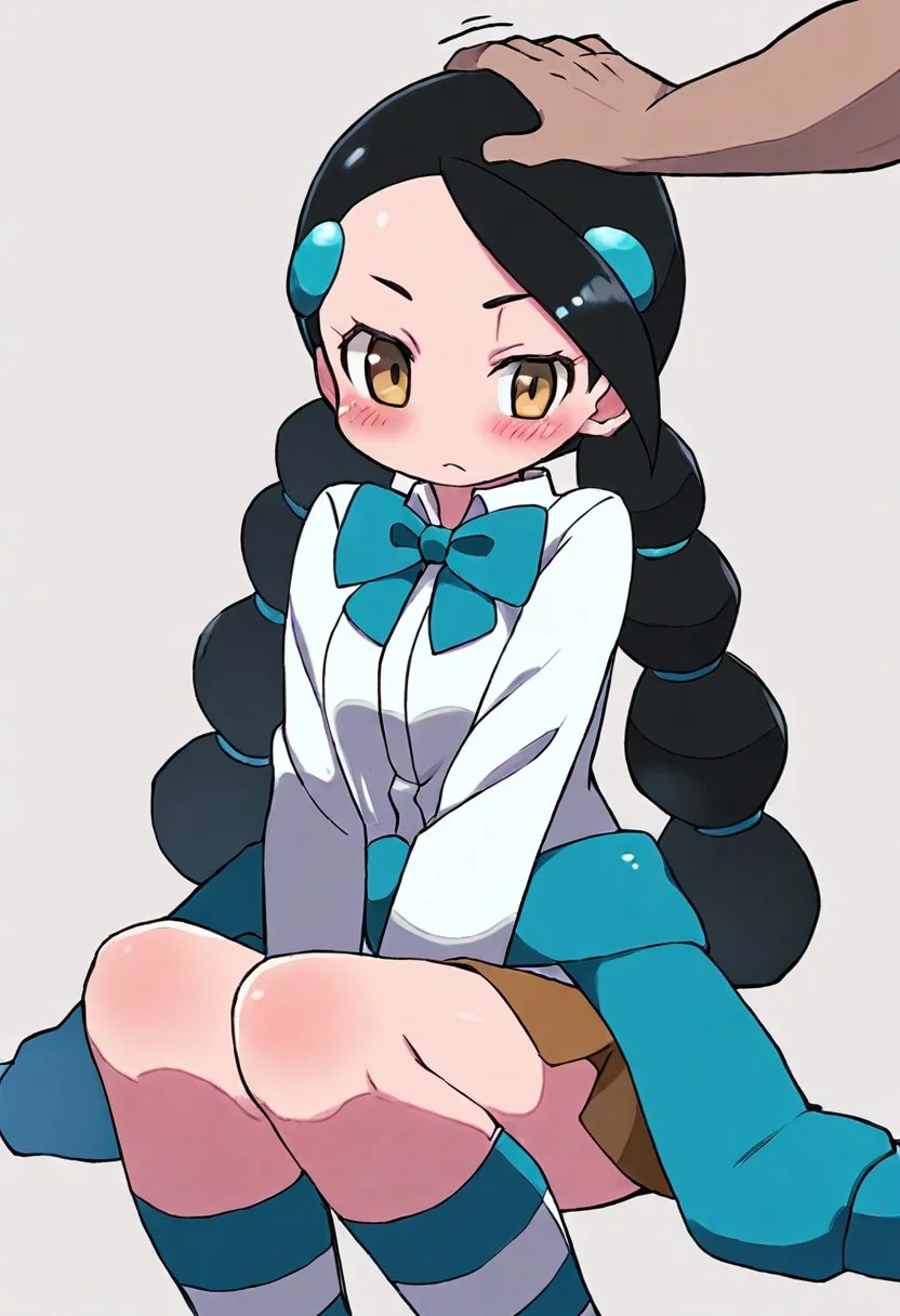 long hair, blush, sitting, headpat,
zzCandice, hair ornament, twintails, hairclip, striped socks, bowtie, sweater around waist, brown skirt,