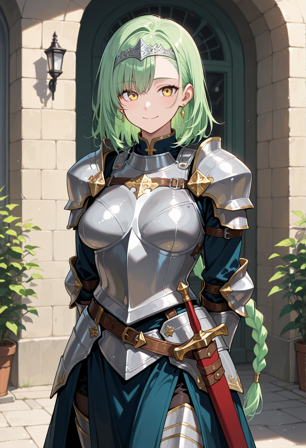 (masterpiece, best quality, amazing quality:1.1), (detailed background:1.1), thick outlines, outdoors, cowboy shot,
BREAK
(1girl, solo:1.2), (green hair, medium hair, yellow eyes, long braid, asymmetrical bangs), standing, arms behind back, smile,
BREAK
armored dress, breastplate, long skirt, armored boots, armored gloves, shoulder pads, knight, plate armor, long sleeves, scabbard, sheathed, tiara,
BREAK
((muscular female, fit:0.8), medium breasts, pointy breasts, sagging breasts:1.1),