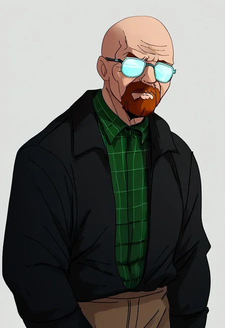 score_9, score_8_up, score_7_up, t00nstyl3
, masterpiece, beautiful, opaque glasses
,black jacked,1 old man, walteruwaito,Middle-aged man, bald, Glasses, power pose, cold look,bear,goatee beard,green squared shirt under jacked, khaki pants