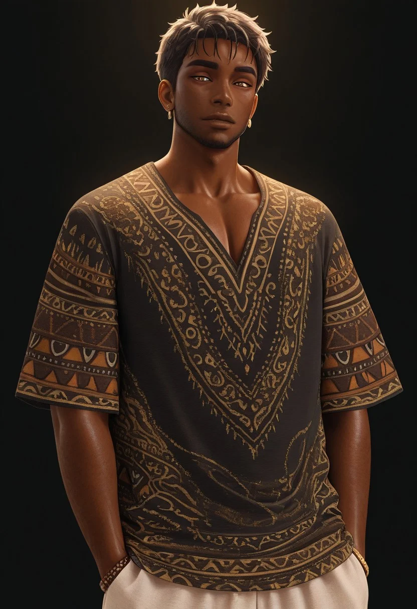 [正面+キャラ名:99],
1boy,solo,
[品質タグ:99],
masterpiece,perfect quality,best quality,amazing quality,absolutely eye-catching,
[身体特徴:99],
muscle,(darkskin:0.6),
short hair,
[服装:99],
ethn1c_5h1rt,
unbleached shirt,
Short-sleeved shirt,
ethnic design, black background, intricate patterns, gold/tan accents,  (detailed paisley and tribal patterns:1.3), vertical stripes, v-neck, 
geometric motifs,  tribal art style,  boho fashion,
[﷿ーズと解剖学的詳細:99],
[環境・背景:99],
dynamic lighting,cinematic lighting, professional lighting, 
[追加の品質/スタイルタグ:99],