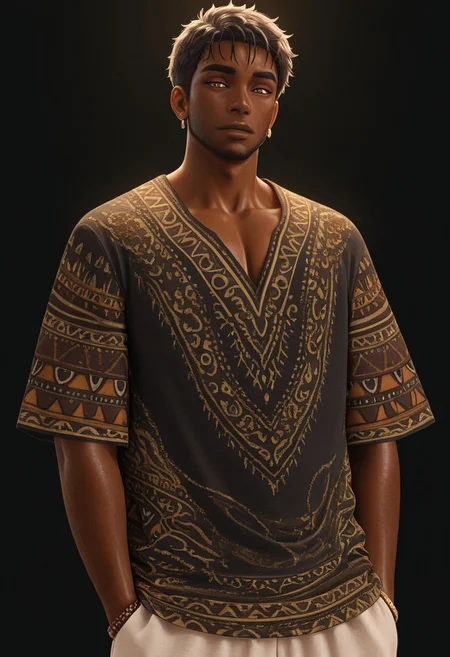 [正面+キャラ名:99],
1boy,solo,
[品質タグ:99],
masterpiece,perfect quality,best quality,amazing quality,absolutely eye-catching,
[身体特徴:99],
muscle,(darkskin:0.6),
short hair,
[服装:99],
ethn1c_5h1rt,
unbleached shirt,
Short-sleeved shirt,
ethnic design, black background, intricate patterns, gold/tan accents,  (detailed paisley and tribal patterns:1.3), vertical stripes, v-neck, 
geometric motifs,  tribal art style,  boho fashion,
[﷿ーズと解剖学的詳細:99],
[環境・背景:99],
dynamic lighting,cinematic lighting, professional lighting, 
[追加の品質/スタイルタグ:99],
