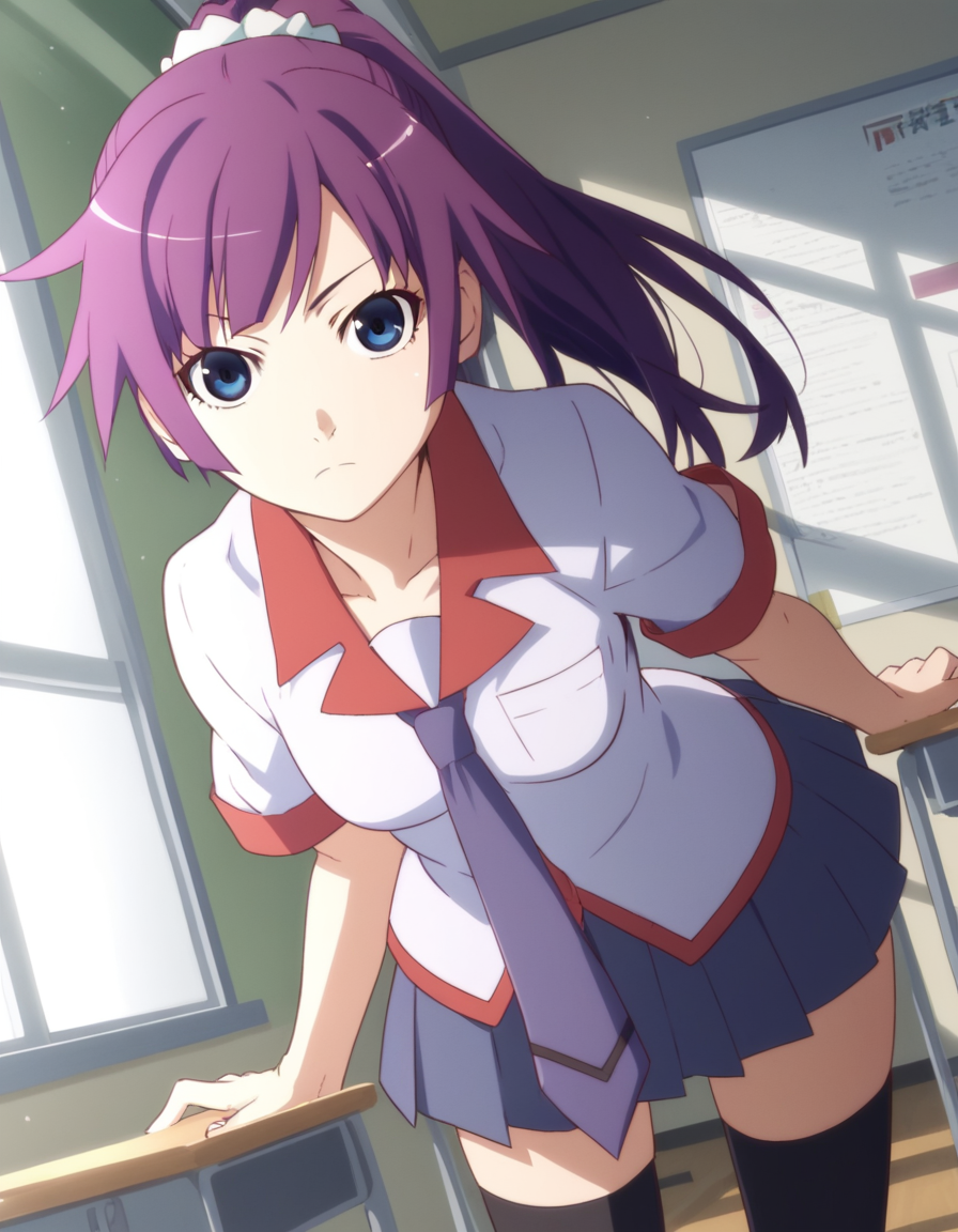 score_9, score_8_up, score_7_up, source_anime,
hitagisenjougahara, <lora:hitagi-senjougahara-anime-ponyxl-lora-nochekaiser:1>,
hitagi senjougahara, long hair, bangs, ponytail, sidelocks, scrunchie, blue eyes, purple hair,
skirt, thighhighs, school uniform, necktie, black thighhighs, zettai ryouiki, naoetsu high school uniform,
indoors, classroom, bent over,
looking at viewer, cowboy shot, dutch angle,
