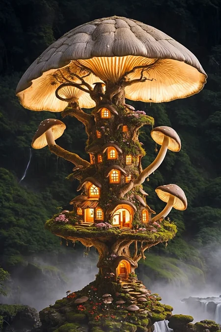 mushroom house, waterfall, rocks, trees, flowers