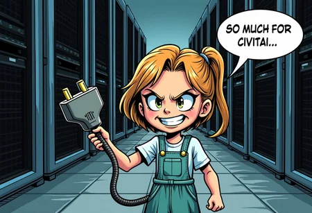 A young girl with an evil grin, who is looking at the camera and holding a large electrical plug in her hand, with the other end attached to a server. In the background is an industrial server park filled with servers that are now unplugged, without power, and completely dark. Drawn in the style of a comic book or graphic novel. The girl is saying in a speech bubble: "SO MUCH FOR CIVITAI..."