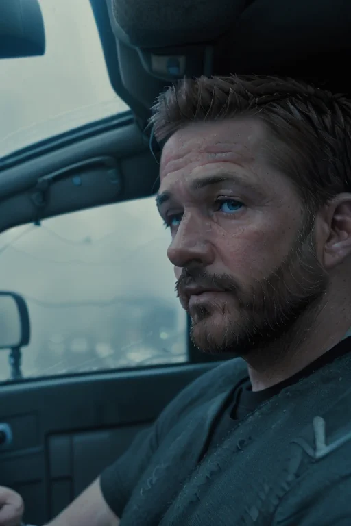 moviestill, a closeup portrait of a beared man in a vehicle